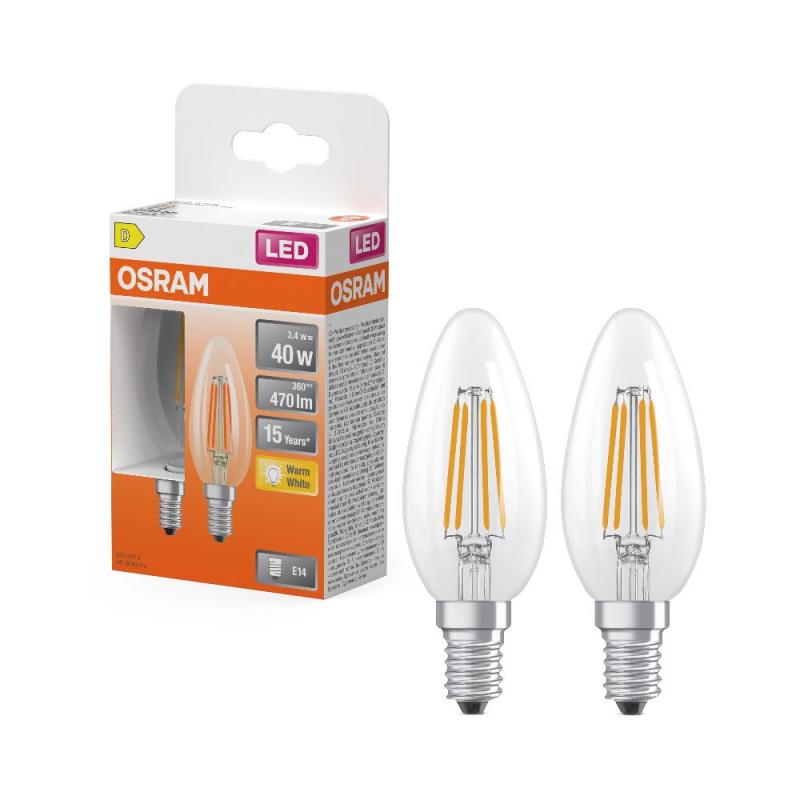 2er Pack OSRAM LED E14 Star Classic B 40 Filament Kerze klar 3.4W Ersatz für 40W warmweißes Licht
