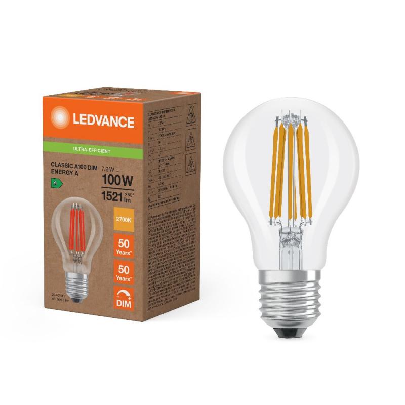 Ledvance E27 Sehr effiziente dimmbare LED Lampe Classic klar 7.2W wie 100W 2700K warmweißes Licht