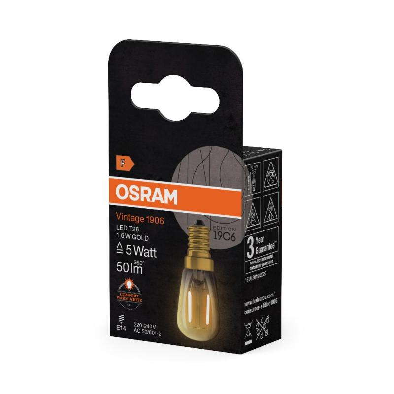 Osram E14 LED Vintage 1906 LED T26 5 Filament Lampe 1,6W wie 5W 2200K extra warmweiß Bernsteinfarbe