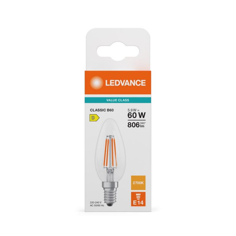 Ledvance E14 LED Kerzenlampe Classic B60 klares Filament 5,9W wie 60W 3000K warmweißes Licht