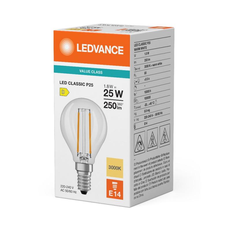 Ledvance E14 LED Tropfenlampe Classic P25 klar 2,5W wie 25W 3000K warmweißes Licht