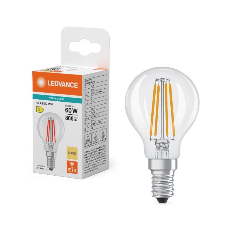 Ledvance E14 LED Filament Tropfenlampe Classic P60 klar 5,9W wie 60W 3000K warmweißes Licht