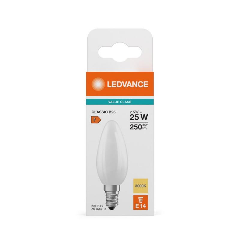 Ledvance E14 LED Kerzenlampe Classic B25 Frosted 2,5W wie 25W 3000K warmweißes Licht