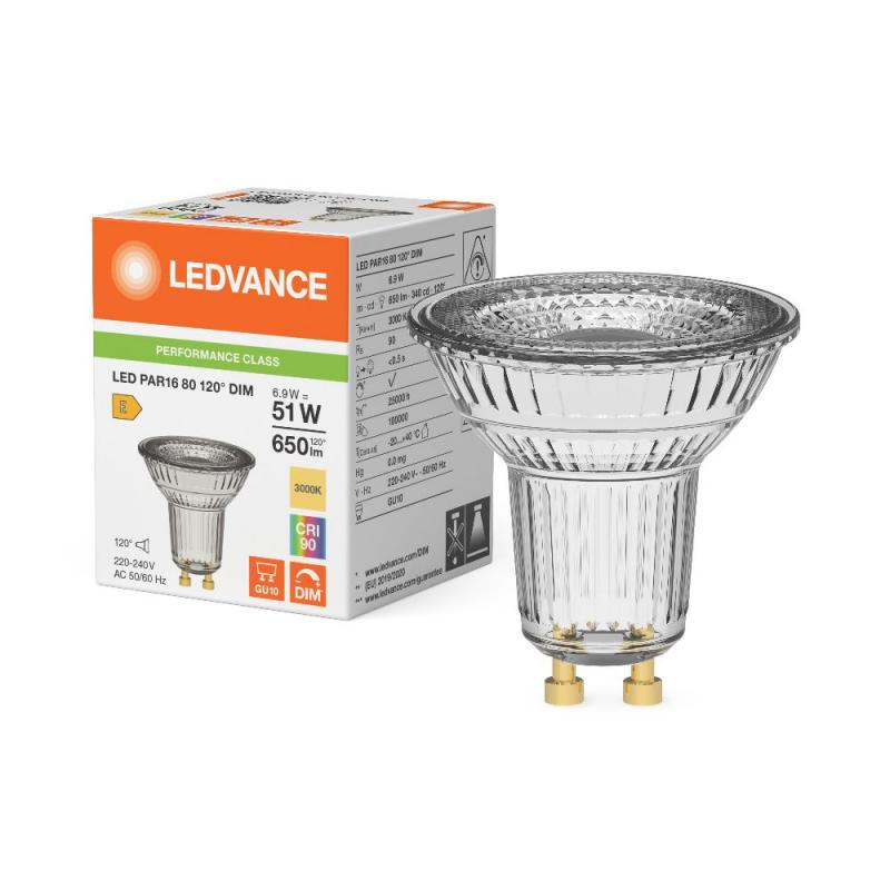 Ledvance GU10 PAR16 Reflektor 120° 6.9W wie 51W dimmbarer warmweißer Strahler 3000K 90Ra mit hoher Farbwiedergabe - mittig Klarglas