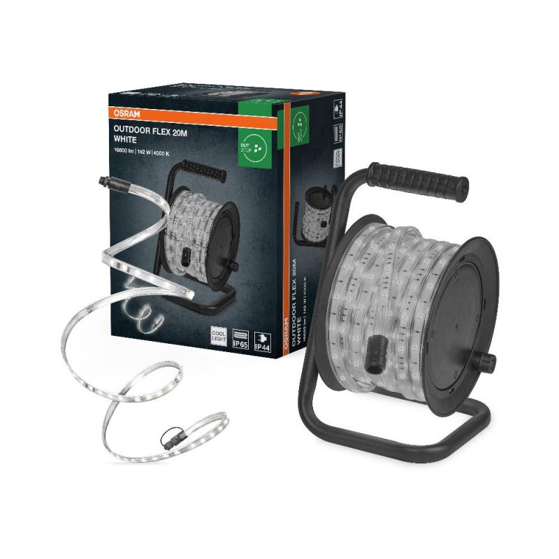 20M Osram Outdoor Flex LED-Streifen IP65 neutralweißes Licht - bis 50 m erweiterbar, inkl. Kabeltrommel, Montagezubehör, Anschlusskabel