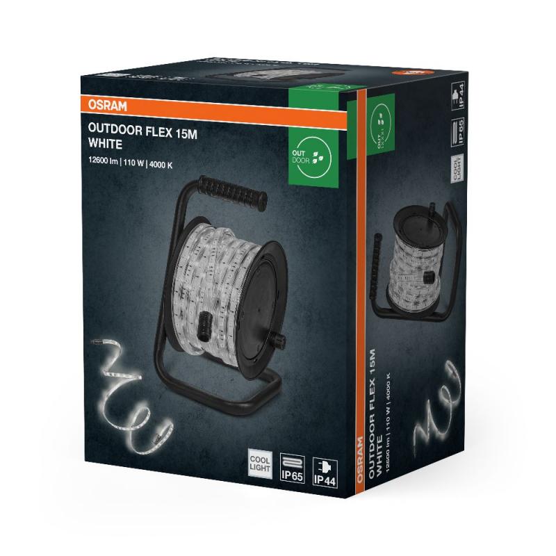 15M Osram Outdoor Flex LED-Streifen IP65 neutralweißes Licht - bis 50 m erweiterbar, inkl. Kabeltrommel, Montagezubehör, Anschlusskabel