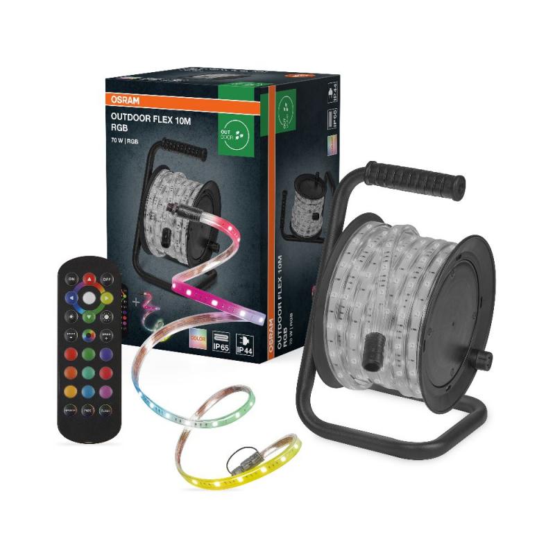 10M Osram Outdoor Flex LED-Streifen IP65 RGB mit Fernbedienung - bis 50 m erweiterbar, inkl. Kabeltrommel, Montagezubehör, Anschlusskabel
