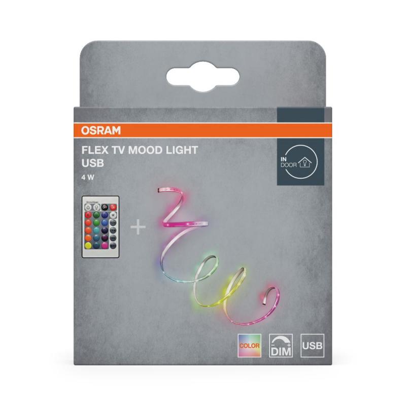 1,5m Osram Lichtstreifen FLEX TV MOOD LIGHT- dekorativer bunter LED-Streifen für Innen, selbstklebend mit USB-Anschluss und Fernbedienung, 4W, Rot-Grün-Blau, dimmbar