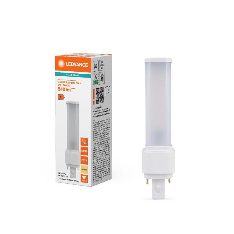 Ledvance DULUX D10 LED Kompaktlampe 2Pin G24d-1 3000K warmweißes Licht EM & AC für KVG/VVG 5W wie 10W
