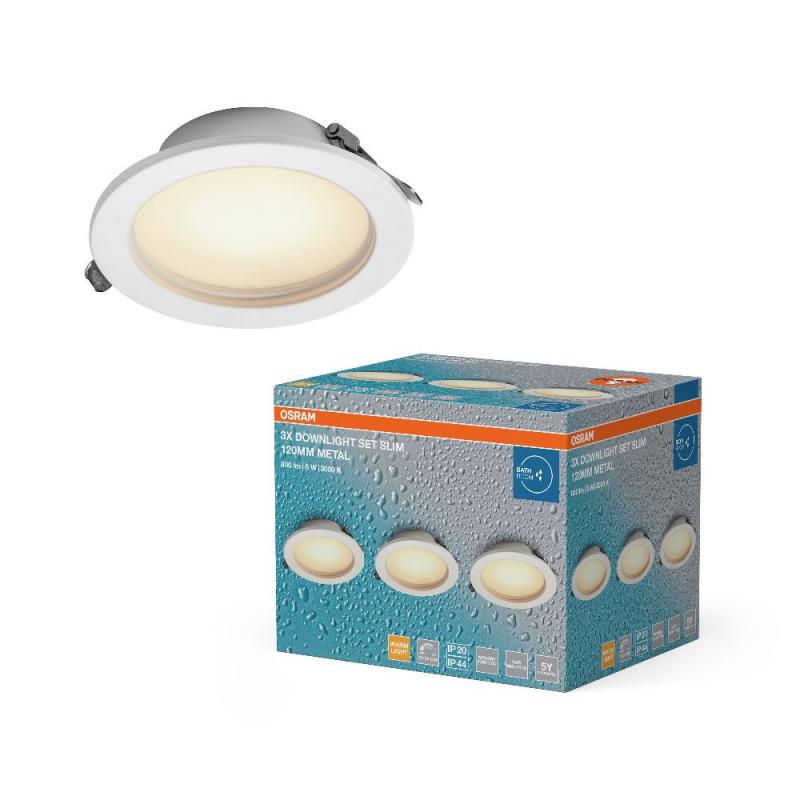 3er Set OSRAM LED Downlight IP44 Dim Slim 8W 3000K 120° Weiß Einbauspot - Einbaudurchmesser 95mm, Einbautiefe 35mm