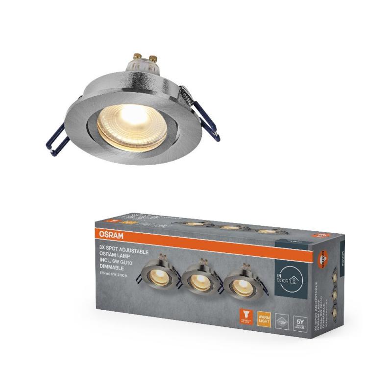 3er Set OSRAM GU10 6W LED Spot Set Recess Click Dim Satin Nickel 2700K IP20 Einbaustrahler -  Einbaudurchmesser 68mm, Einbautiefe 100mm