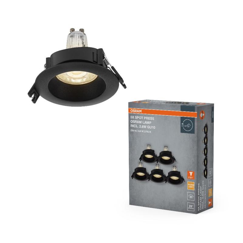 5er Set OSRAM GU10 2,6W LED Spot Set Recess Einbaustrahler Schwarz 2700K IP20 -  Einbaudurchmesser 68mm, Einbautiefe 115mm