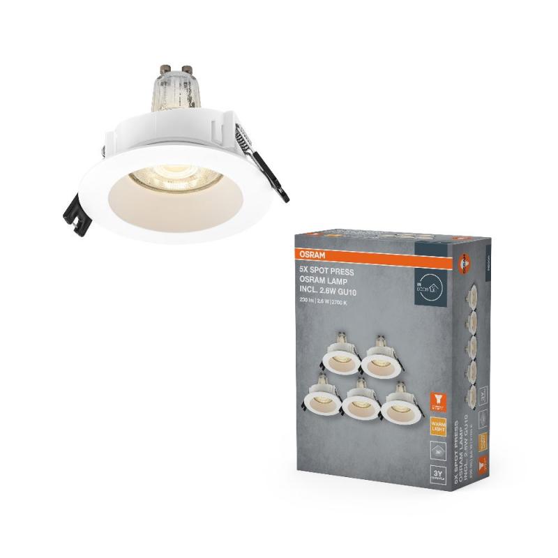 5er Set OSRAM GU10 2,6W LED Spot Set Recess Einbaustrahler Weiß 2700K IP20 -  Einbaudurchmesser 68mm, Einbautiefe 115mm