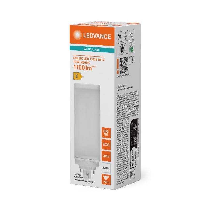 Ledvance DULUX LED T/E26 HF & AC MAINS V 10W 840 GX24Q-3  Kompaktlampe wie 26W 4000K neutralweißes Licht - EVG