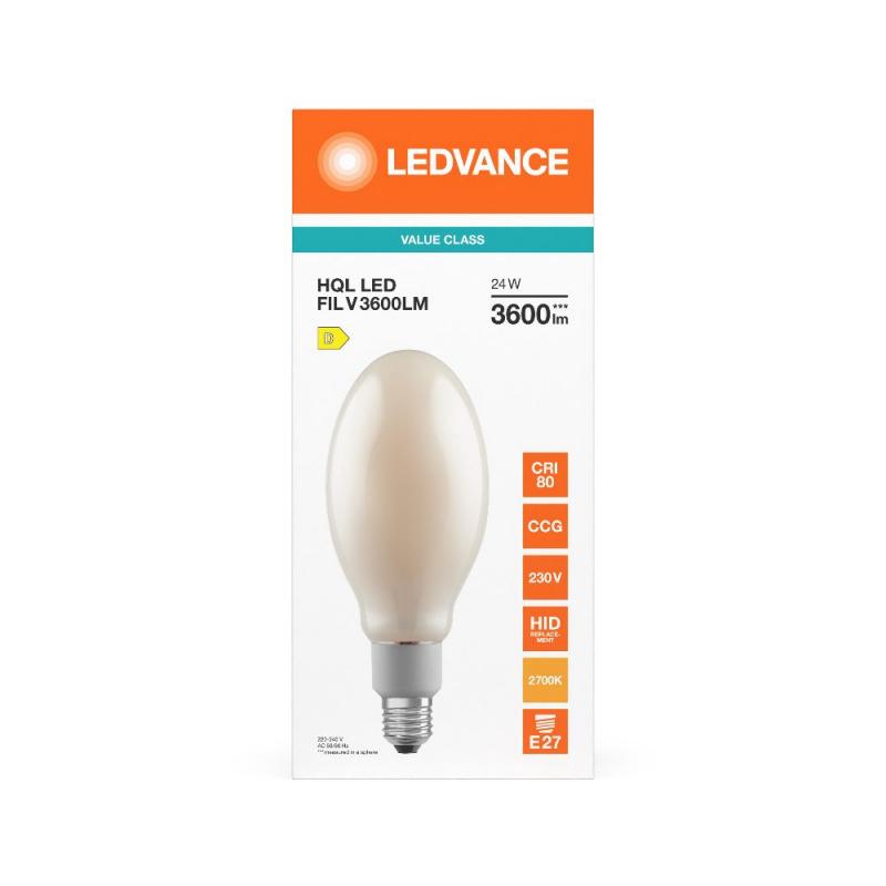 Ledvance E27 HQL LED FIL Straßenlampe 3600lm 24W wie 80W 827 2700K IP65 warmweißes Licht insektenfreundlich