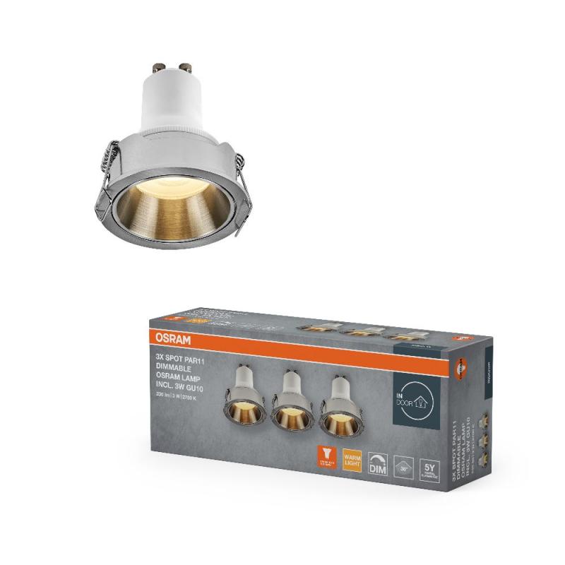 3er Set OSRAM LED Spot PAR11 Recess GU10 Dim 3W 827 Satin Nickel Einbaustrahler IP20 - Einbaudurchmesser 52mm, Einbautiefe 115mm