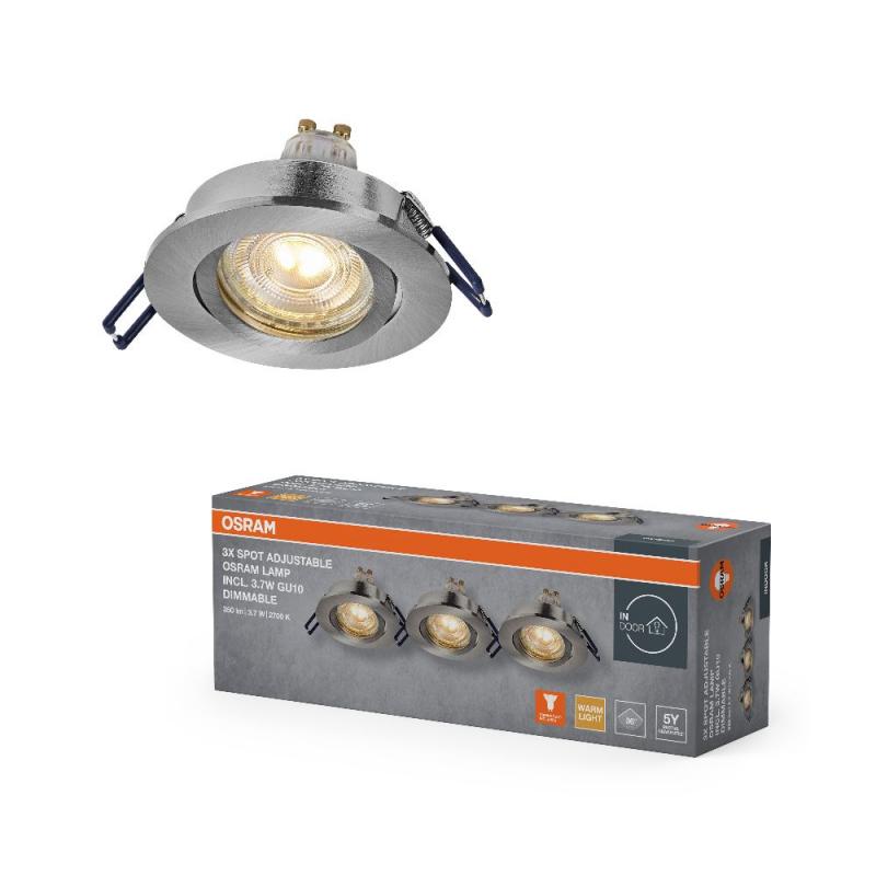 3er Set OSRAM GU10 3,7W LED Spot Set Recess Click Dim Satin Nickel 2700K IP20 Einbaustrahler -  Einbaudurchmesser 68mm, Einbautiefe 100mm