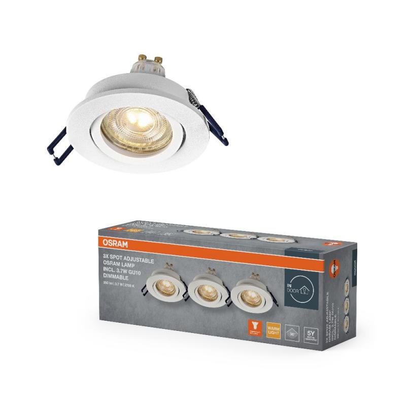 3er Set OSRAM GU10 3,7W LED Spot Set Recess Click Dim Weiß 2700K IP20 Einbaustrahler -  Einbaudurchmesser 68mm, Einbautiefe 100mm