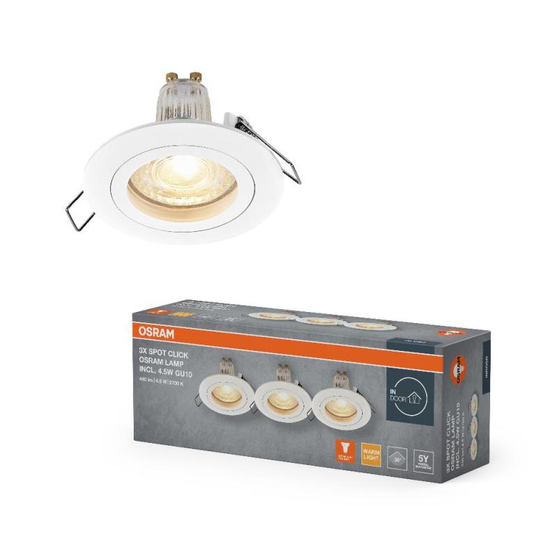 3er Set OSRAM GU10 4,5W LED Spot Set Recess Click Einbaustrahler Weiß 2700K IP20  -  Einbaudurchmesser 60mm, Einbautiefe 100mm