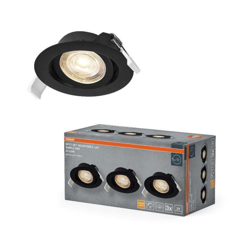 3er Set OSRAM LED Spot Set Recess Simple DIM 4,9W 827 40° Schwarz Einbaustrahler - Einbaudurchmesser 75mm, Einbautiefe 40mm