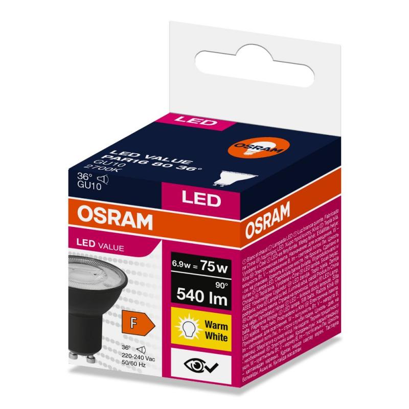 OSRAM GU 10 Value PAR16 LED Reflektor 36° 6,9W wie 75W Warmweiß 2700K - schmaler Lichtkegel