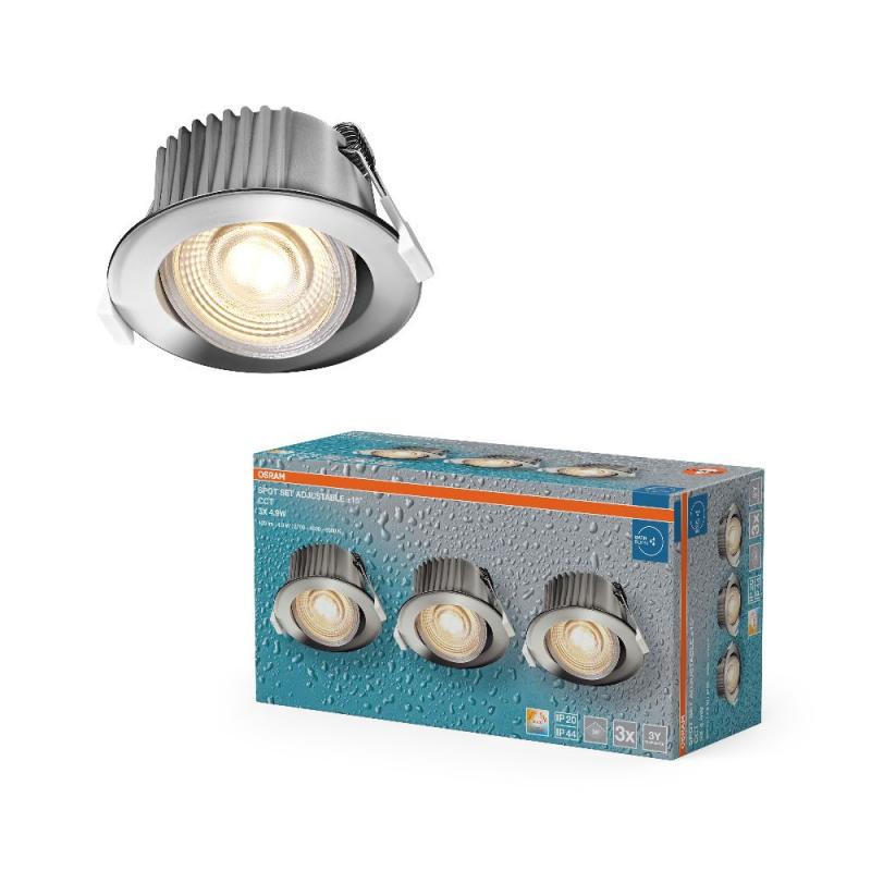 3er Set OSRAM LED Spot Set Recess CCT IP44 Adjustable 4,9W CCT 36° Chrom Einbaustrahler - Einbaudurchmesser 68mm, Einbautiefe 80mm