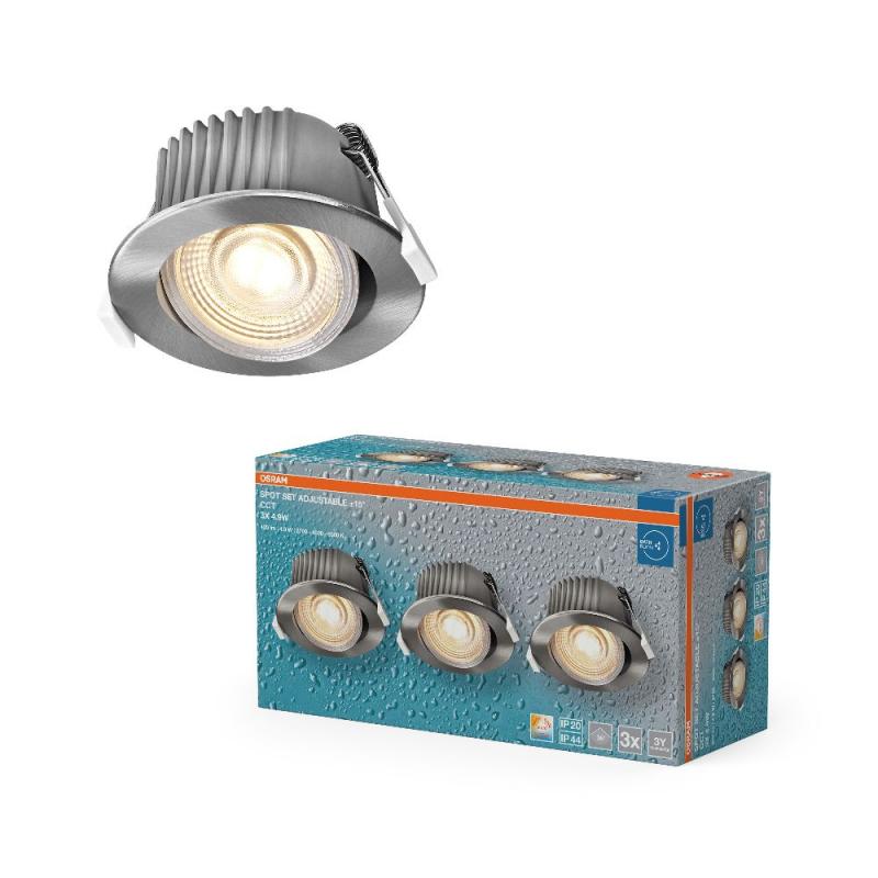 3er Set OSRAM LED Spot Recess CCT IP44 Adjustable 4,9W CCT 36° Satin Nickel Einbaustrahler - Einbaudurchmesser 68mm, Einbautiefe 80mm
