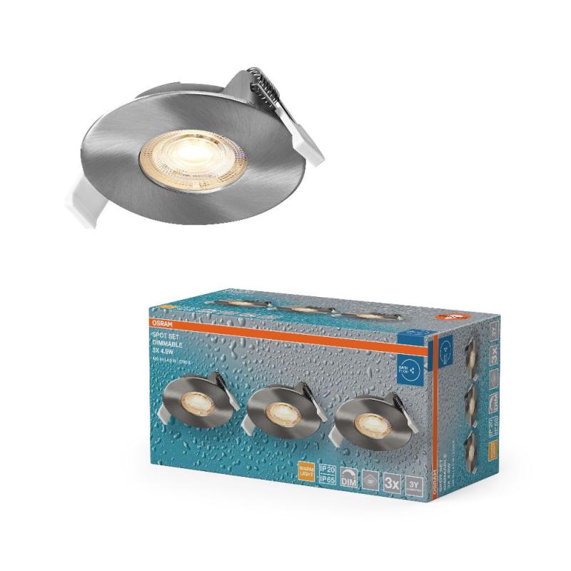 3er Set OSRAM LED Spot DIM IP65 4,9W 2700K 36° Satin Nickel Einbaustrahler dimmbar - Einbaudurchmesser 68mm, Einbautiefe 40mm