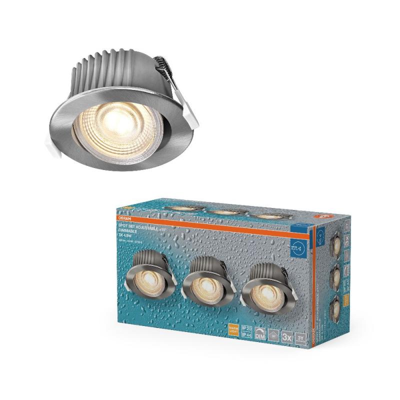 3er Set OSRAM LED Spot Recess DIM IP44 Adjustable 4,9W 2700K 36° Satin Nickel Einbaustrahler dimmbar - Einbaudurchmesser 68mm, Einbautiefe 80mm