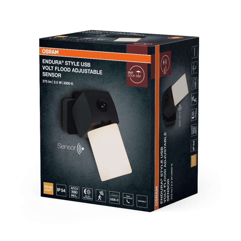OSRAM ENDURA Style USB Volt Flood Adjustable Sensor IP54 Dark Grey Akku Außenstrahler