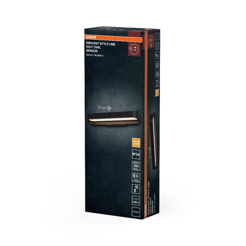 OSRAM ENDURA Style USB Volt Oval Sensor IP54 Dark Grey Akku Außenwandleuchte