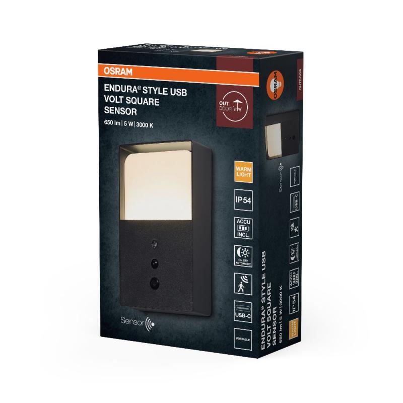 OSRAM ENDURA Style USB Volt Square Sensor IP54 Dark Grey Akku Außenwandleuchte