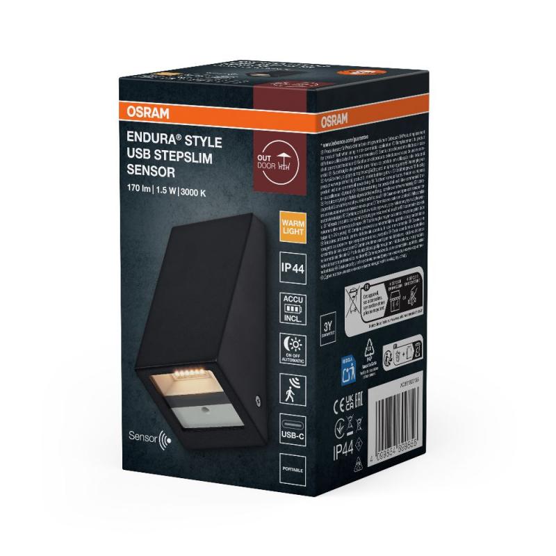 OSRAM ENDURA Style USB Wall Step Slim Sensor IP44 Dark Grey Akku LED Außenwandleuchte mit Bewegungsmelder