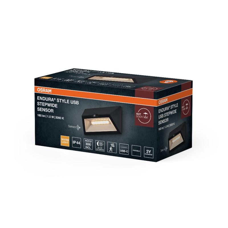 OSRAM ENDURA Style USB Wall Step Wide Sensor IP44 Dark Grey Akku LED Außenwandleuchte mit Bewegungsmelder