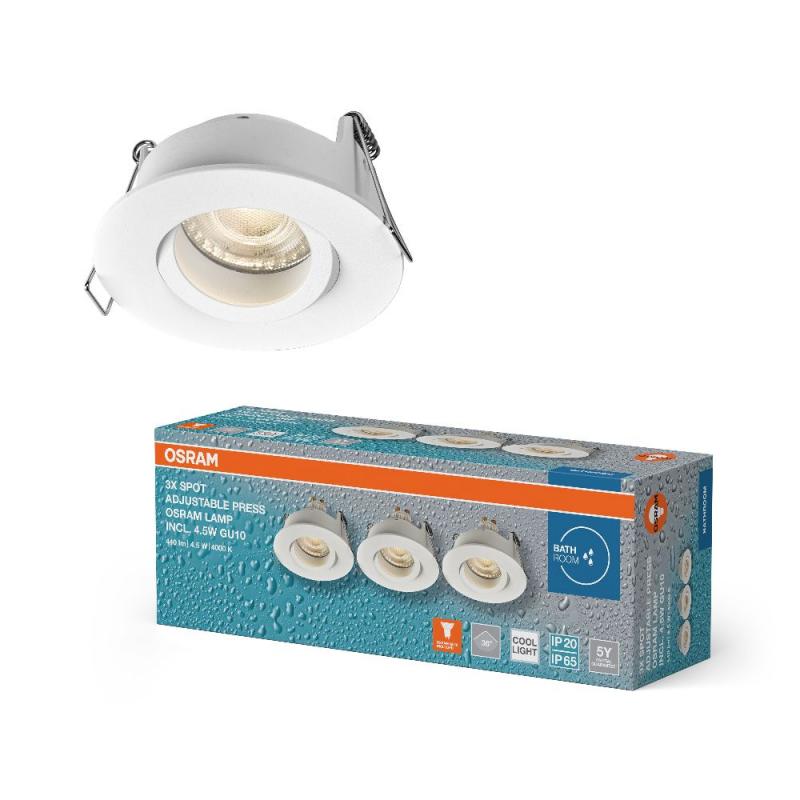 3er Set OSRAM LED Spot Recess GU10 IP65 Press 4.5W 840 White Einbaustrahler IP65 - Einbaudurchmesser 68mm, Einbautiefe 115mm