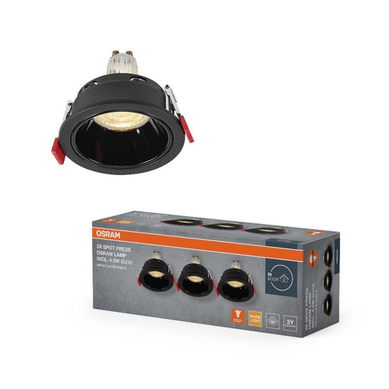 3er Set OSRAM Spot Recess GU10 Press 4,5W 827 Einbaustrahler schwarz IP20 - Einbaudurchmesser 75mm, Einbautiefe 115mm
