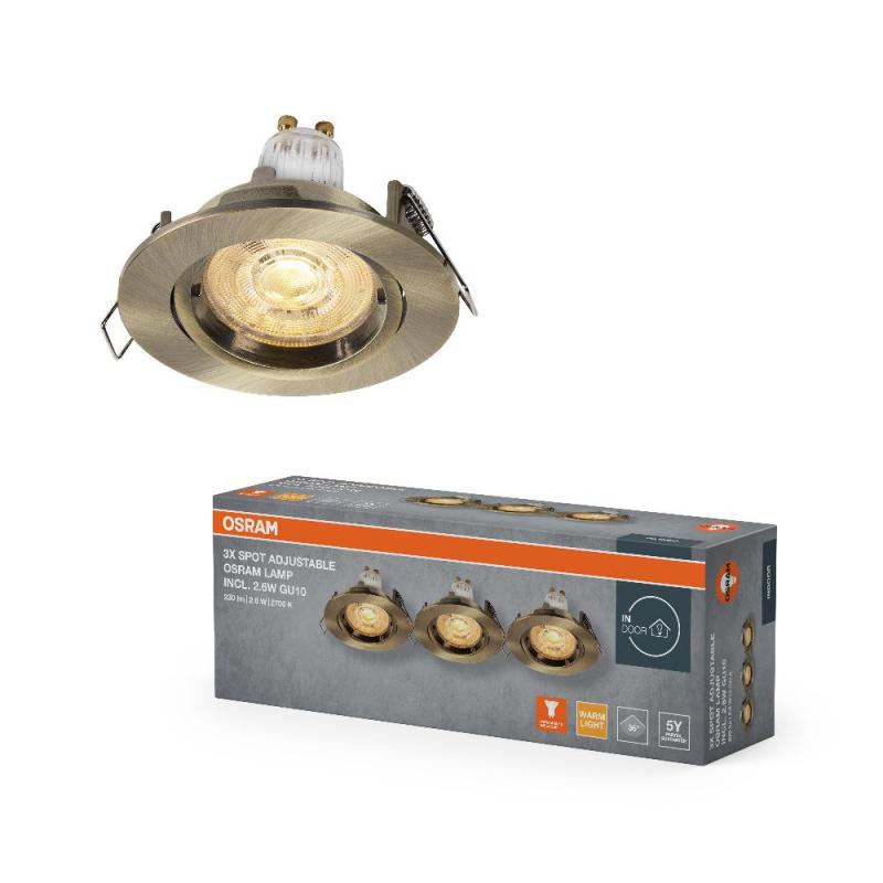 3er Set OSRAM GU10 LED Spot Set Recess Twistlock 2,6W 3er Set Grünes Messing 2700K IP20 Einbaustrahler - Einbaudurchmesser 75mm, Einbautiefe 100mm
