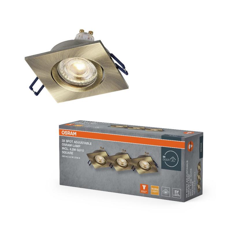 3er Set OSRAM GU10 4,5W LED Spot Set Recess Square Click 3er Set Grünes Messing 2700K IP20 Einbaustrahler -  Einbaudurchmesser 68mm, Einbautiefe 100mm