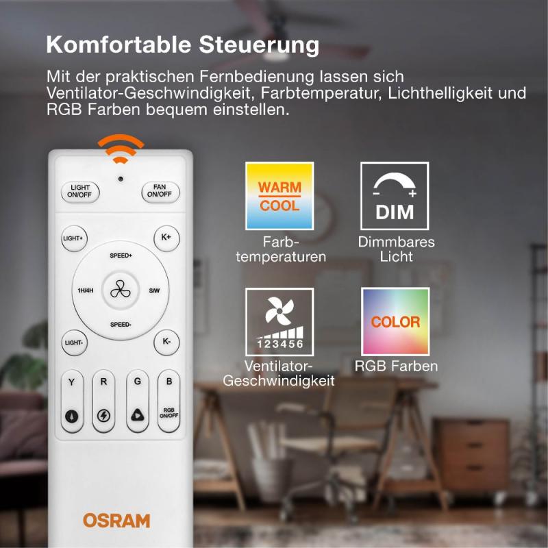 OSRAM Ceiling Fan Nordes 38W CCT RGB Deckenventilator mit Licht 3000-6500K dimmbar