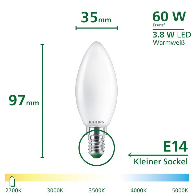 Philips E14 LED Frosted Kerzenlampe 3,8W wie 60W warmweisses Licht Ultra Efficient