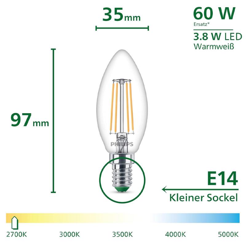 Philips E14 LED Filament-Kerzenlampe 3,8W wie 60W warmweisses Licht Ultra Efficient