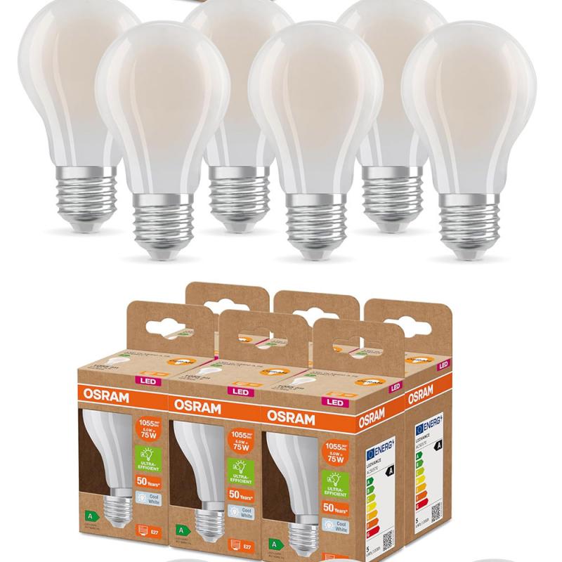 6er Set OSRAM E27 besonders effiziente LED Lampen matt 5W wie 75W 4000K neutralweißes Licht - beste Energie Effizienz Klasse
