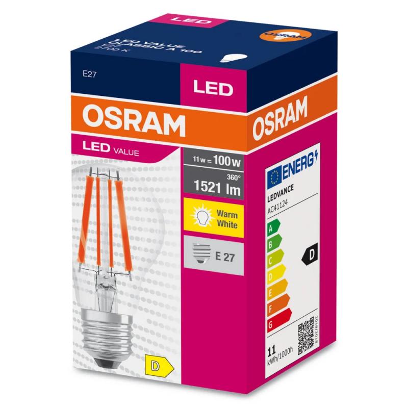 Nur noch angezeigter Bestand verfügbar: OSRAM E27 LED Lampe Value Classic klares Filament 11W wie 100W 2700K warmweißes Licht
