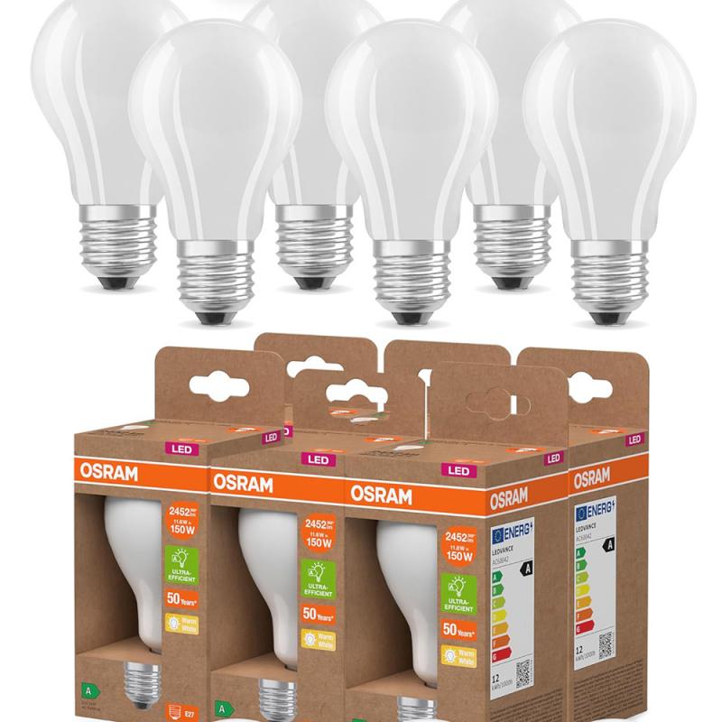 6er OSRAM E27 besonders effiziente LED Lampen Frosted 11,6W wie 150W 2700K warmweißes Licht - Energie Effizienz Klasse A