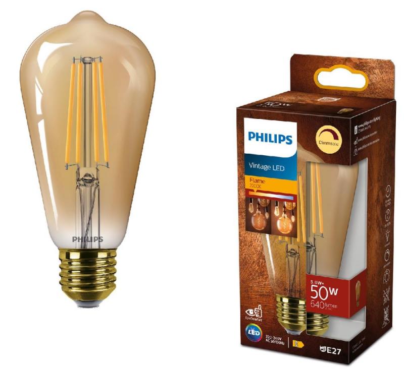 Philips E27 Filament LED Kolbenlampe im vintage Design dimmbar 5,8W wie 50W 2200K extra warmweiß in Bernsteinfarbe