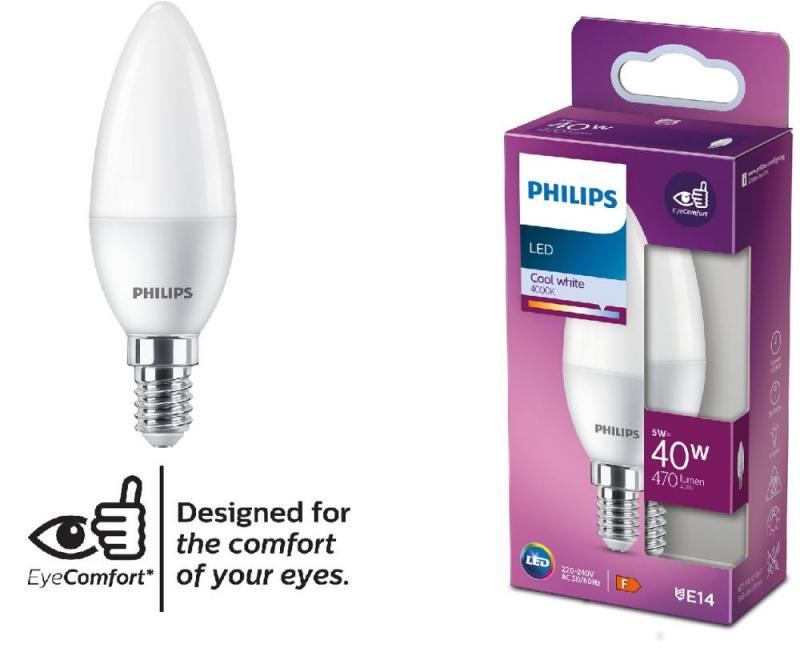 PHILIPS E14 LED Lampe in Kerzenform weiss mattiert  5W wie 40W 4000K neutralweißes Licht für schmale Lampen