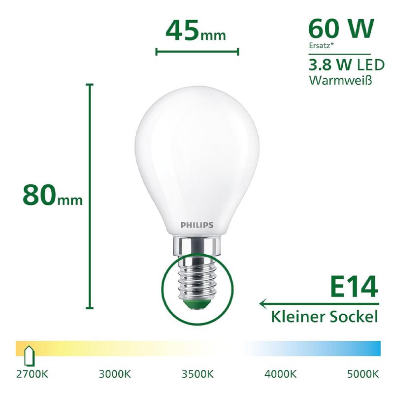 Philips E14 LED Lampe Tropfenform matt 3,8W wie 60W warmweisses Licht Ultra Efficient
