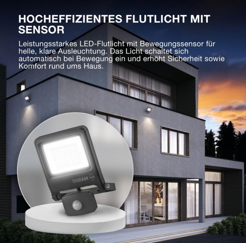 OSRAM LED Fluter Endura Flood Sensor 30W DG 4000K Neutralweiß IP44 grau
