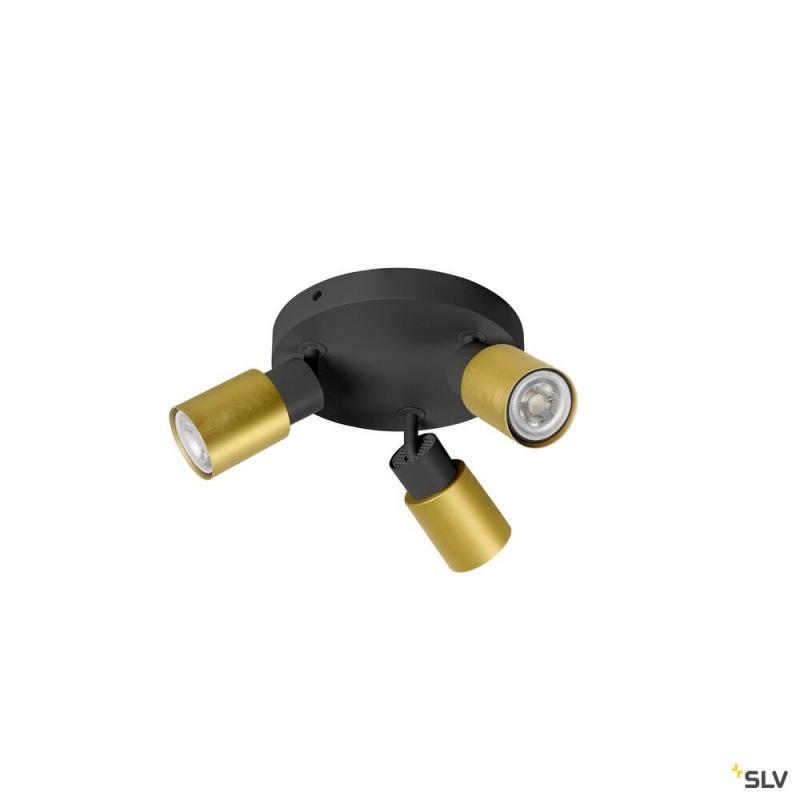SLV 1008333 PURI 2.0 Tube, Wand- und Deckenaufbauleuchte, rund, 3 x max. 6 W GU10, schwarz / gold