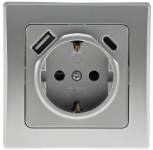 ChiliTec DELPHI 23341 Schutzkontakt-Steckdose mit USB-A + USB-C PD, 250 V, 16 A, Silber, Unterputz